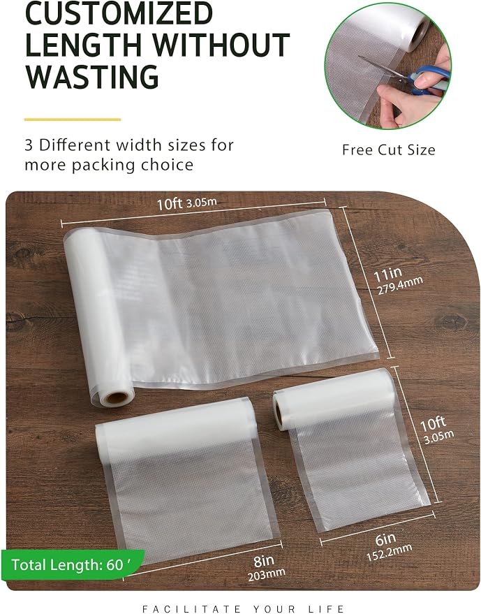 Syntus Vacuum Sealer Bag for Food, 6 Rolls 11"x10' and 8"x10' and 6"x10' | 6 Pack, BPA Free, Custom Size, Heave-duty, Durable, Sous Vide Cooking Freezer Microwave Safe, Works with All Vacuum Sealers