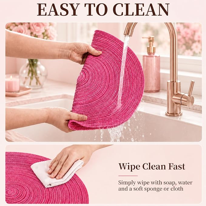 TaroKitc 15 in Round Placemats Set of 4, Washable Woven Placemats Heat Resistant Cotton Polyester Braided Table Mat, Non-Slip Circle Place Mats for Kitchen Dining Table Decor - Pink