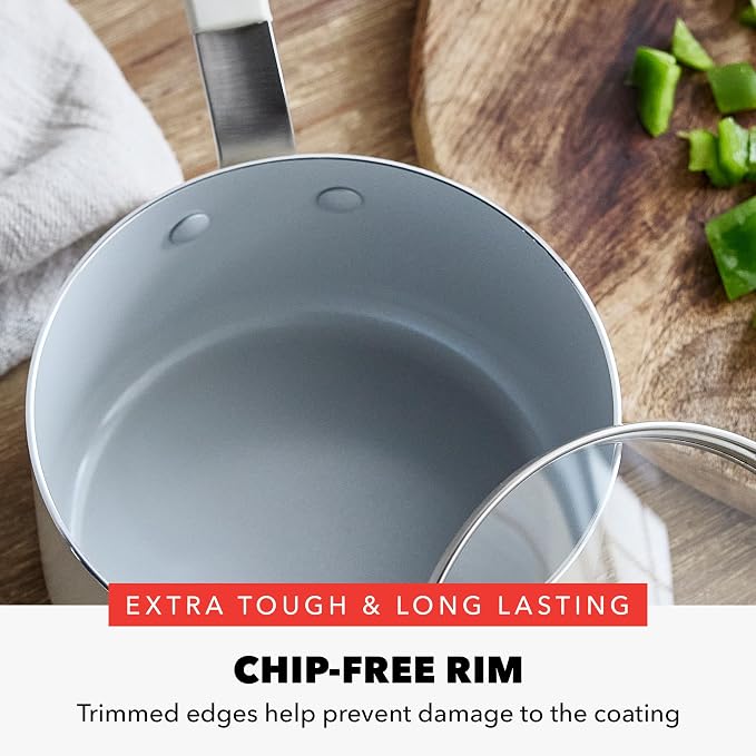 GreenPan x Bobby Flay 2.5QT Ceramic Nonstick Saucepan with Glass Lid, Cream | PFAS-Free Diamond Ceramic Nonstick Chef Pan, Silicone Handle, Induction & All Stovetop Compatible, Dishwasher and Oven Safe