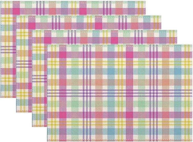 Spring Plaid Placemats Set of 4, Easter Colorful Buffalo Plaid Decorative Table Mat 12 x 18 Inch Heat Resistant Non Slip Line Fabric Place mat for Holiday Party Kitchen Dining Decor