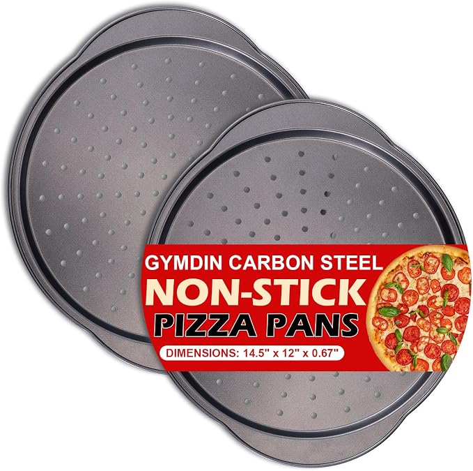13" Round Pizza Pan for Oven, 2 Pack | Non-stick Carbon Steel, With Holes, Handle, Easy to Clean, Oven Safe