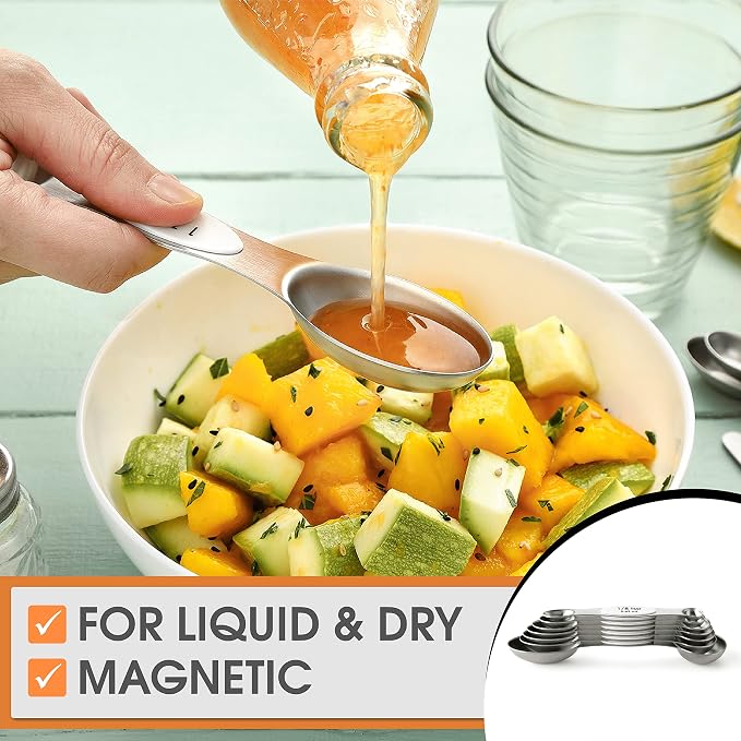 Spring Chef Stainless Steel 8 Magnetic Measuring Spoons for Kitchen, White | Dual Sided Metal Teaspoon & Tablespoon Measuring Spoons w/ Leveler for Dry & Liquid Ingredients, Nesting, Fits in Spice Jars