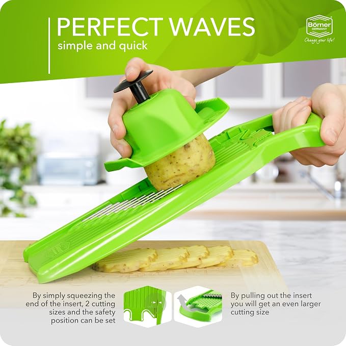 Börner by Reston Lloyd Wave-Waffle Power Line • Crinkle Cut/Spirelli Vegetable Slicer & Food Safety Holder • Slicer for Wave Waffle Cut Style • Multiple Thickness Options • Made in Germany, Green