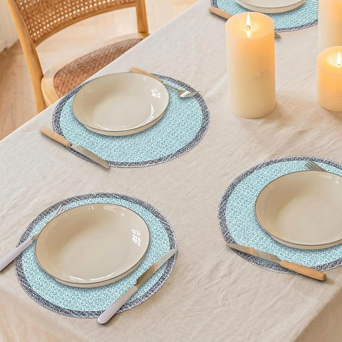 Blue Grey Ethnic Boho Round Placemats Set of 4, 15 Inch Linen Burlap Washable Durable Art Table Mats for Holiday Party Kitchen Dining Room Decoration