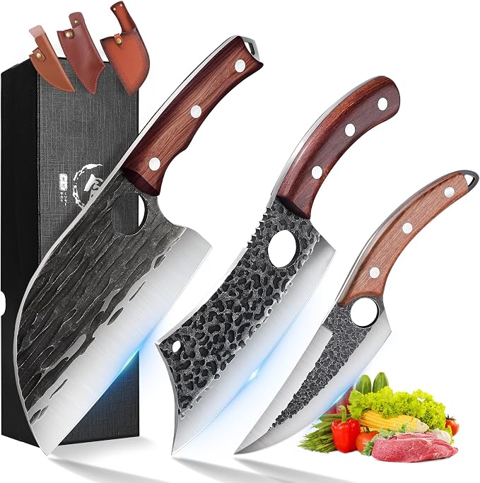 ROCOCO Butcher Cleaver Knife Set - 3PCS Serbian Chef Viking Boning Knife | Meat Cutting Cleaver with Sheaths for Kitchen Outdoor BBQ Camping Birthday Father Mother Christmas Gift Idea Men