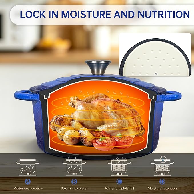 5 QT Enameled Cast Iron Dutch Oven Pot with Lid & Gold Powder | Dutch Oven for Sourdough Bread Baking, Braising, Stews, Roasting, Oven Safe up to 500° F, Blue Kitchen Cookware with Handls