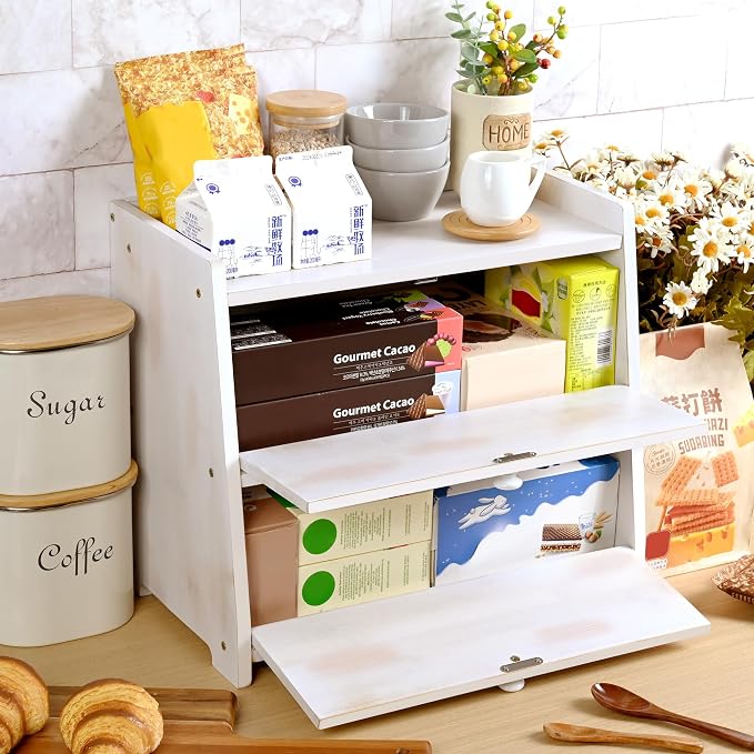 Bamboo Corner Bread Box for Kitchen Countertop 2-Tier White | Farmhouse Bread Storage Container, Large Pantry Organizers for Homemade Snacks, Loaves, Breathable Keeps Bread Fresh