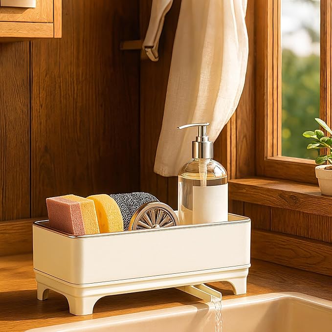 MOUKABAL Rotating Drain Sponge Holder for Kitchen Sink Off-white | Rustproof Stainless Steel/Large Capacity/Keeps Counter Dry/Removable Tray/Soap Bottle Holder