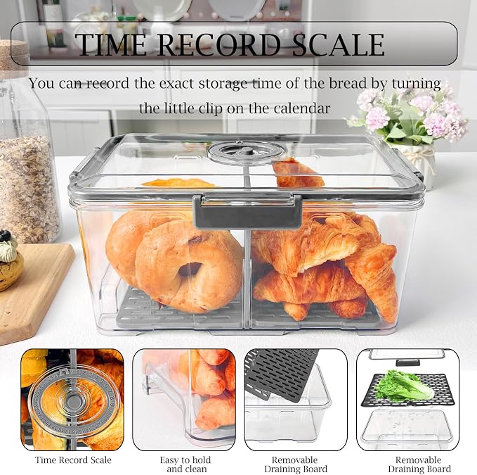 2 Pack Bread Storage Container,Bread Box, Grey, 7.5L+2.5L | Airtight Bread Box,Time Recording Lid, Extra Capacity,For Kitchen Countertop,Bread Storage Container,Homemade Breads Toast