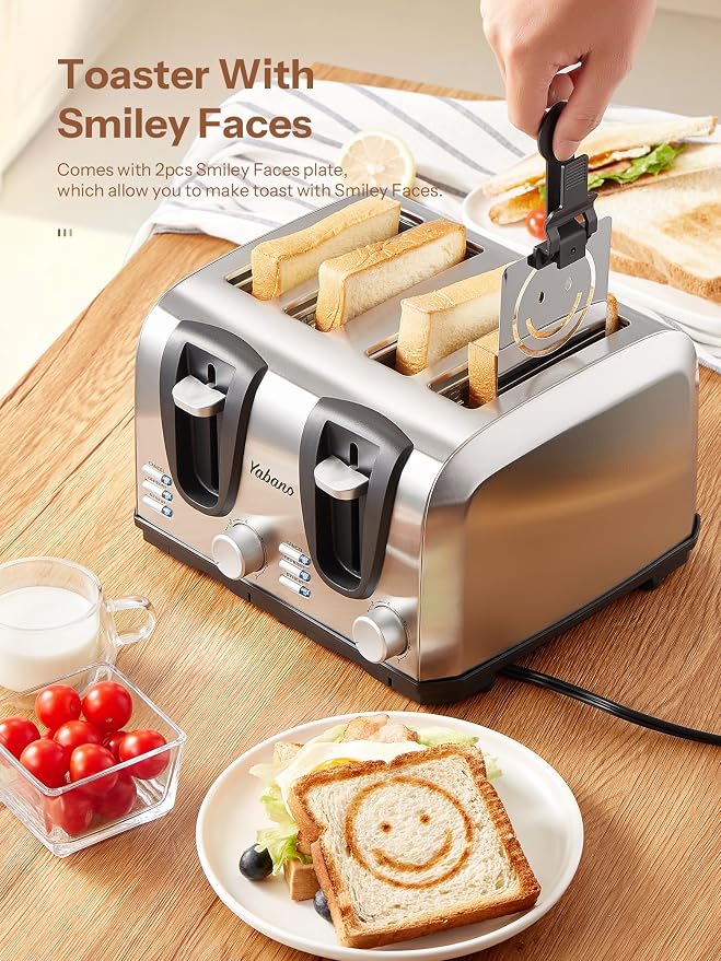 Yabano 4 Slice Toaster with Extra Wide Slots and 7 Shade Settings | Defrost And Reheat Functions, Smiley Face Toast Design, Stainless Steel, Countertop Toaster For Everyday Breakfast