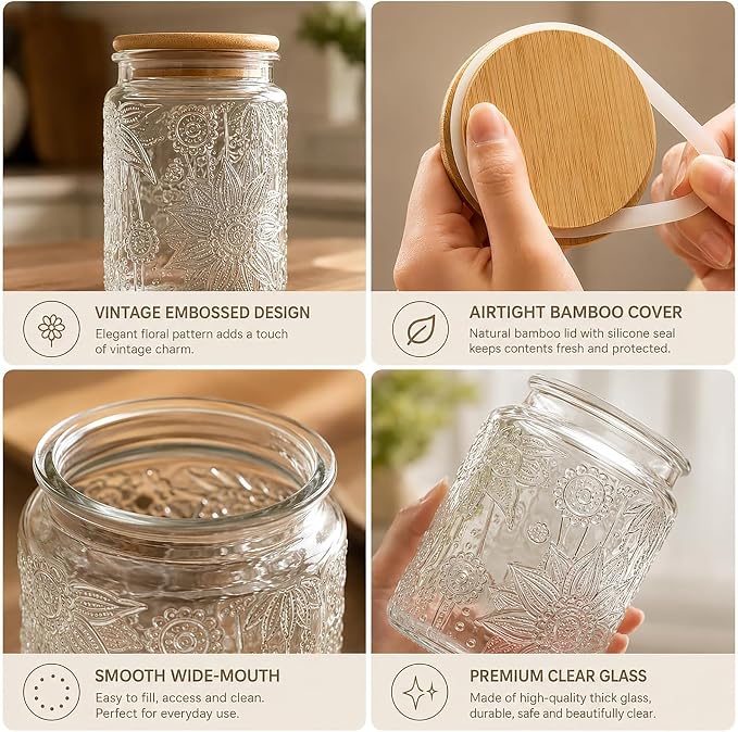 Vintage Glass Jar with Bamboo Lid, 23.7 FL oz - Airtight Decorative Food Storage Canisters for Kitchen Counter, Ideal for Candy, Sugar, Coffee, Cookies (Sunflower*2)