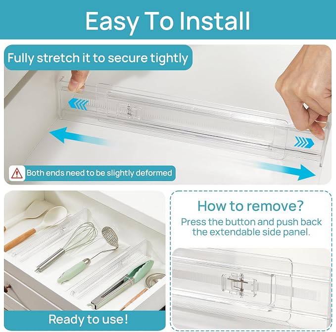 Vtopmart 4 Pack Shallow Drawer Dividers, 2.36" High 12.5"-20.8" Adjustable Expandable Kitchen Drawer Organizer, Clear Plastic Organizer Separators for Flatware, Utensil, Cutlery, Underwear, Clothes | Expandable Kitchen Drawer Organizer, Clear Plastic O...