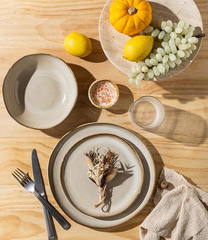 GBHOME Stoneware Dinnerware Sets for 6,18 Piece Rustic Plates and Bowls Set | Earthenware Handmade Reactive Glaze Plate Sets, Chip Resistant Ceramic Dishes, Microwave & Dishwasher Safe, Oatmeal Linen