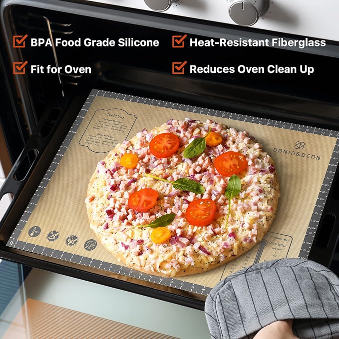 DANIA & DEAN 28"x20" Extra Thick Silicone Baking Mat for Pastry and Bread | Non-Slip & Non-Stick Mat with Measurements, for Pizza, Pie Crust, Dough Rolling & Sourdough, Reusable Counter Sheet