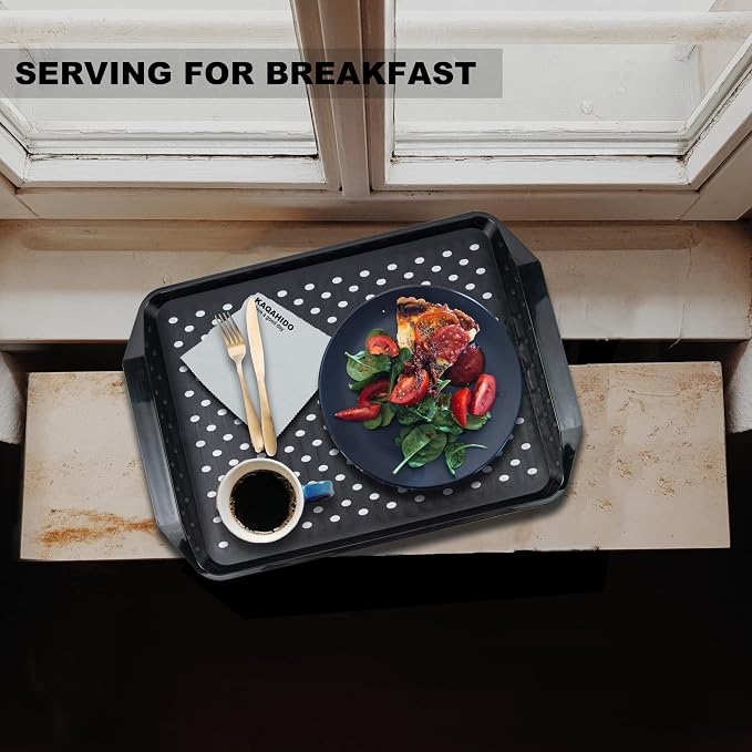 KAQAHIDO Large Non Slip Serving Tray with Grippy Dots, TV Lap Trays for Eating on Couch, Meal Serve for Dinner Breakfast, Rectangular Food Carrying for Plates, Glasses, Dishes, Set of 2, Black