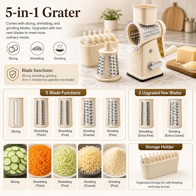 JA&MIU Rotary Cheese Grater with Handle, 5 Well-designed Blades | Strong Suction Base, Round Mandoline Slicer with Blade Storage Box & Kitchen Mandoline Vegetable Slicer (Off-white)