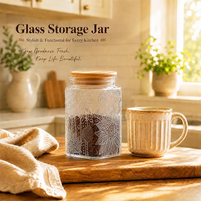 Glass Storage Jars With Airtight Lid, 35oz Canister For Kitchen Counter with Bamboo Lid, brown sugar, candy, coffee, cookie, salt, tea,pantry cute Jar (Large Square Sunflower)