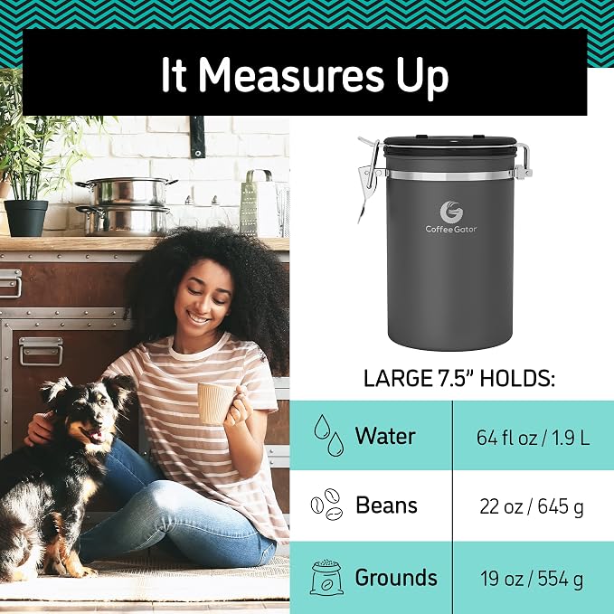 Coffee Gator Coffee Canister, 22oz Airtight Stainless Steel Container | w/ Date Tracker, Scoop,Valve, Kitchen Food Storage Jars for Beans,Ground, Rice, Tea, Sugar, Cookie, Bar Accessories, Silver