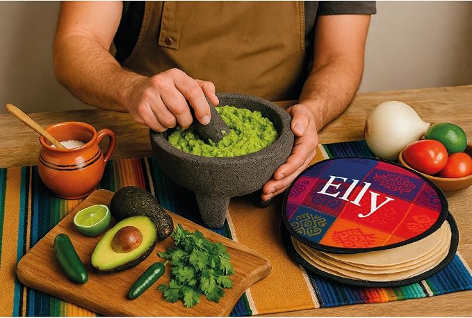 Mexican Molcajete 8in, Handmade with Natural Volcanic Stone, Mortar and Pestle Set for Guacamole, Spices, Salsa, Pesto & More, Authentic Lava Rock, Includes Free Tortilla Warmer