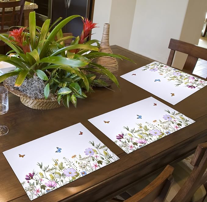 Floral Paper Placemats 50 Pack Wildflower Butterfly Table Mats Disposable Garden Party Spring Summer Dining Table Setting Decoration
