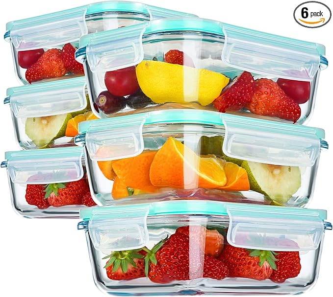 YEBODA Glass Food Storage Containers with Lids, 23 oz, 6 Pack | Borosilicate glass containers with locking lids for meal prep, lunches, leftovers, freezer, microwave, oven and dishwasher