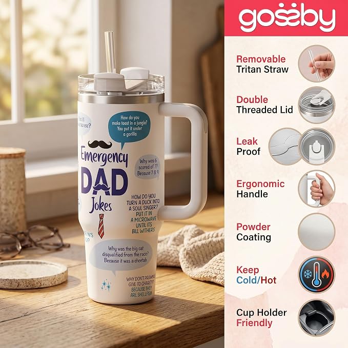 Gossby Emergency Dad Jokes Tumbler, 30oz Stainless Steel with Handle | Funny Gift for Dad, Birthday Gift for Him, Dad Coffee Tumbler with Straw, Insulated Travel Cup, Gift for Daddy, Stepdad