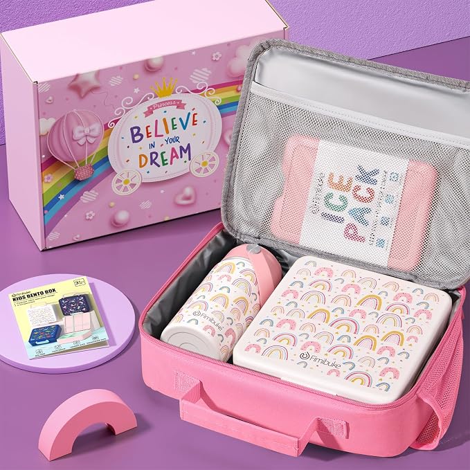 Fimibuke Kids Bento Lunch Box with Toddler Insulated Water Bottle Lunch Bag | Lunch Box Kids with 4 Compartments, Ice Pack & Utensils Set, Birthday Gifts for Ages 3-12 Back to School Toddler Girls Boys