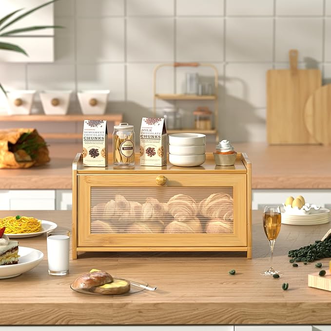 Bread Box for Kitchen Countertop, Vintage Wooden Counter Breadbox, Bamboo Bread Storage Container Bin for Homemade Bread, Small Farmhouse Corner Breadbox Organizer with Acrylic Window, Natural