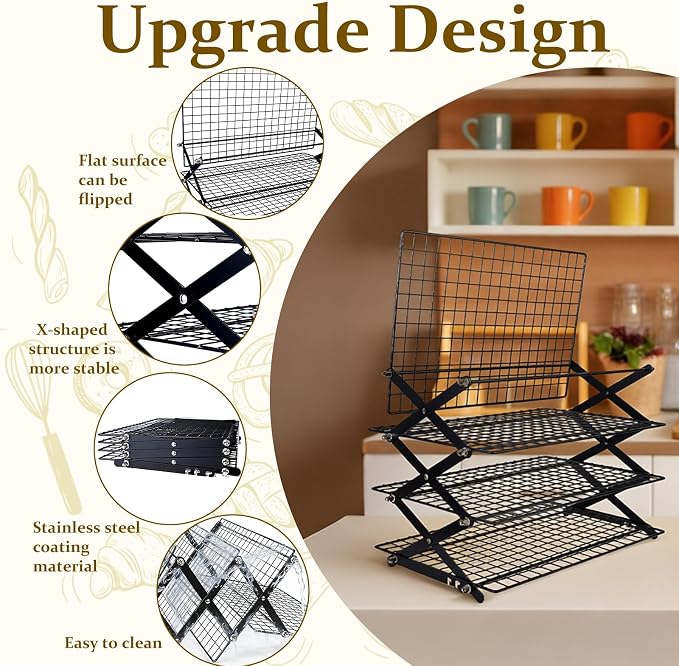 4 Tier Cooling Rack, Adjustable Collapsible Stainless Steel Baking Rack | Tight-Mesh X-Frame Stand for Cookies, Bread, Cakes, Pastries and Meal Prep