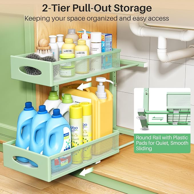 Under Sink Organizer, 2 Tier Pull out Cabinet Organizer Baskets with Mesh Sliding Drawers, Slide out Storage Shelf for Home, Kitchen, Bathroom, Pantry, Office Cabinet(1 Pack, Green)