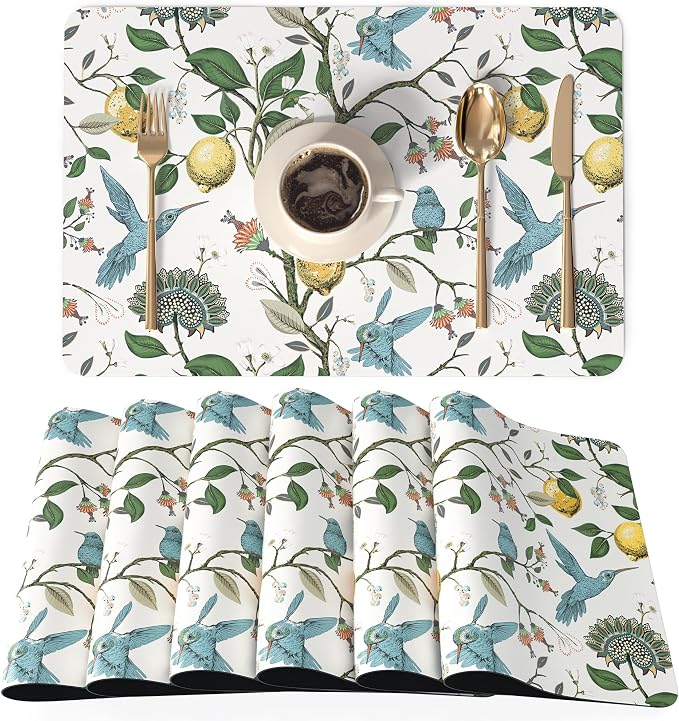 QIYI Leather Placemats Set of 6, 12"x18" Waterproof Table Mats, Hummingbird | Faux Leather, Heat Resistant, Anti Slip, Wipeable Place Mats for Kitchen Dinning, Party Table Décor, Vintage Lemon Trees