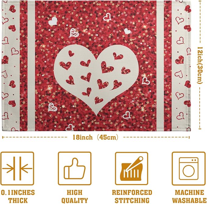 Valentine Hearts Placemats Set of 4, 12x18 Inch Red White Love Heart Linen Table Mats Romantic Wedding Heat Resistant Washable Place Mat for Party Kitchen Dining Outdoor Indoor Decor