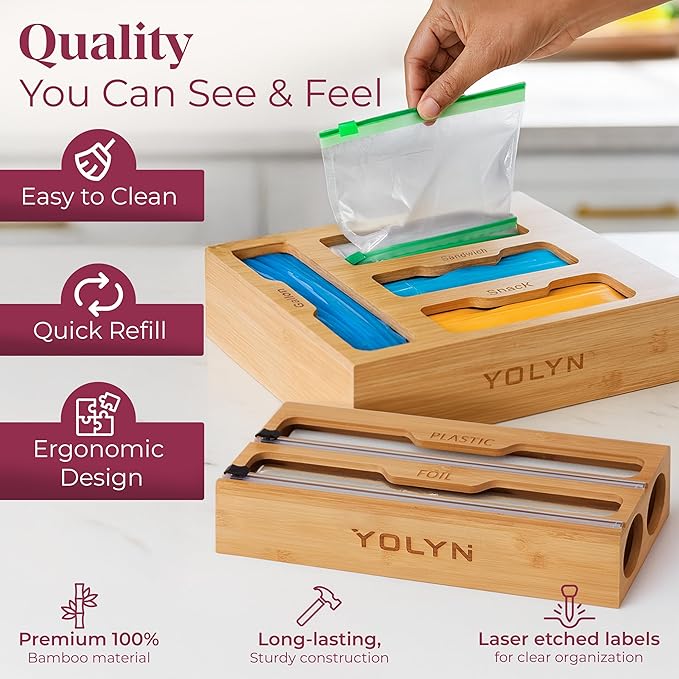 Bamboo Food Storage Bag Organizer for Drawer with Foil & Plastic Wrap Dispenser – Premium Detachable Kitchen Organizer for Gallon, Quart & Sandwich Bags