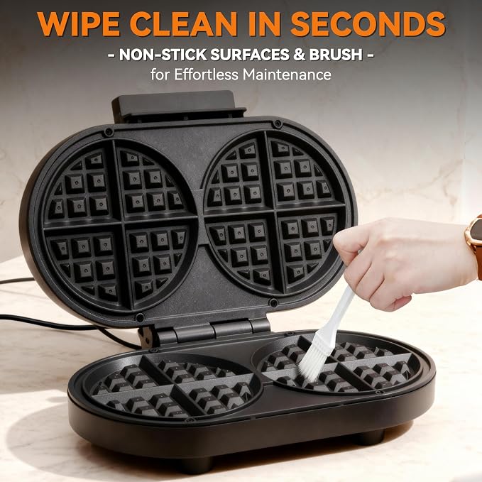 Baker’s Friend Double Belgian Waffle Maker Thick, 2 X 6” Round Waffle Maker, Belgium Waffle Iron, Waflera Electrica with Non-stick Plates, 1200W, Perfect for Kids & Family Breakfast, Graphite