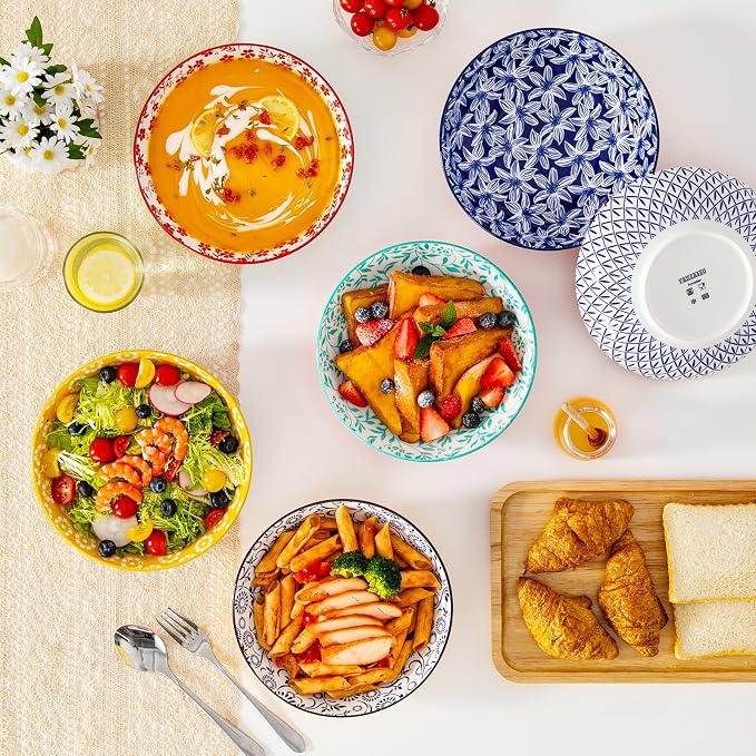 vancasso 8.5" Pasta Bowls Set of 6, 40 oz Porcelain Shallow Salad Bowls, Serving Bowls Pasta Dishes Plates Large Kitchen Bowl Plates, Vivid Floral Design, Microwave Safe, Series SELENE