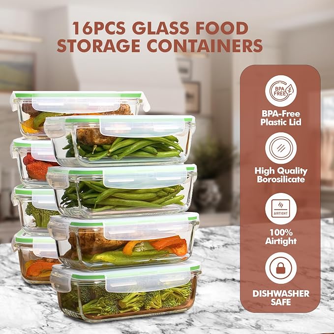 Razab 16 Pc (Set of 8) 30 Oz Glass Meal Prep Containers with Lids, Airtight Large Glass Food Storage Containers, Reusable Leak Proof BPA Free, Freezer to Oven and Dishwasher Safe