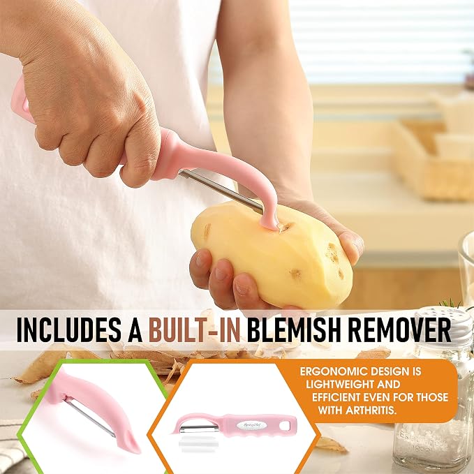 Spring Chef Swivel Vegetable Peeler with Soft Grip Handle, Pink Lemonade | Premium Potato Peeler w/ Ultra Sharp Stainless Steel Blades, Multifunctional Veggie Peeler for Apple, Carrot, Cucumber, Fruit