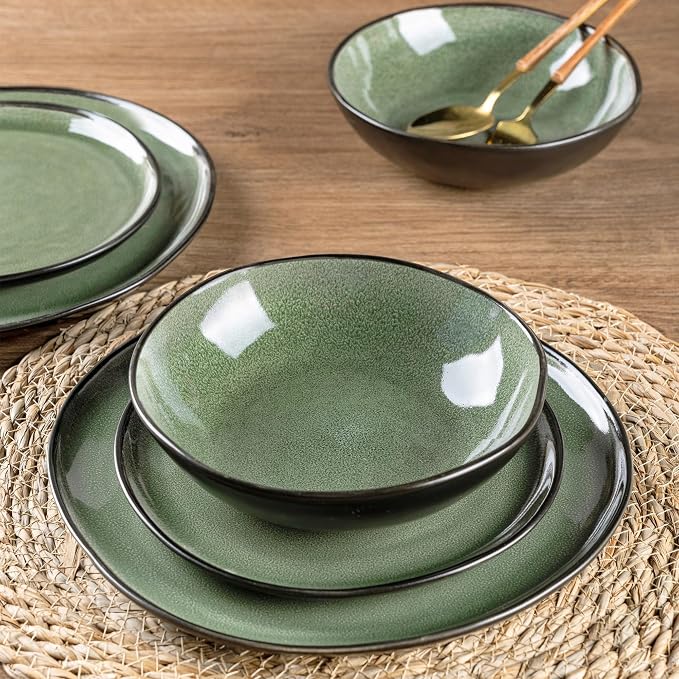 AmorArc Ceramic Dinnerware Sets for 4, 12Pcs Plates and Bowls Sets Dishes | Stoneware Handmade Reactive Glaze Dinner Set, Highly Scratch Resistant | Dishwasher & Microwave Safe Dishware