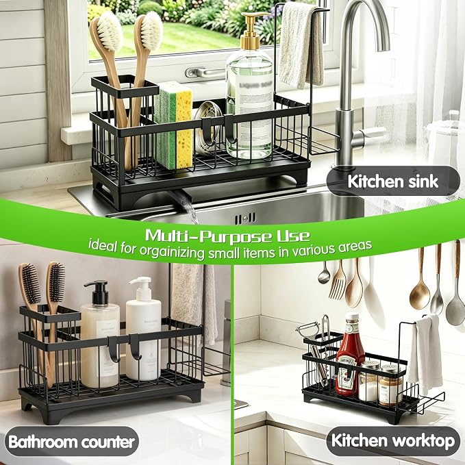 VOOWO Sponge Holder for Kitchen Sink, Compact Sink Caddy with Brush Holder | 304 Rustproof Stainless Steel Dish Soap Holder, Small Kitchen Sink Organizer, Self-Draining Dish Wand Holder with Towel Rack