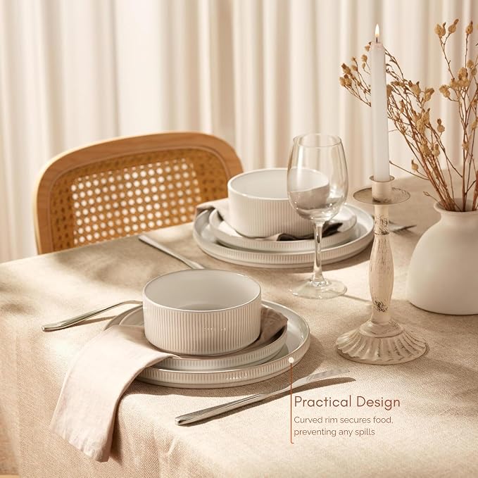 Ceramic Dinnerware Set, by Vase and Vessel, 12-Piece Service for 4, 9.8” Dinner Plates, 8” Salad Plates, 20 oz Bowls, Ombre Reactive Glaze, Durable Stoneware, Microwave & Dishwasher (Powder White)