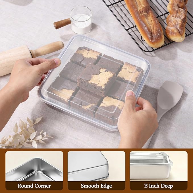 LIANYU Stainless Steel Baking Pan with Lid, 8 x 8 Lasagna Brownie Cake Pan | Square Baking Pan Set, Kitchen Cooking Roasting Dish, Even Heating & Dishwasher Safe (1 Pan +1 Lid )