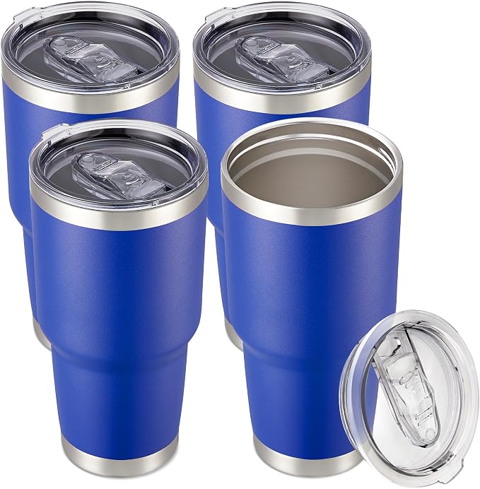 30 oz Tumbler with Lid Stainless Steel Tumblers Bulk, 4 Pack | Vacuum Insulated Cup, Leak Proof Lid, Powder Coated Travel Mug, Double Wall, Keep Cold Drinks for 12 Hours, Blue