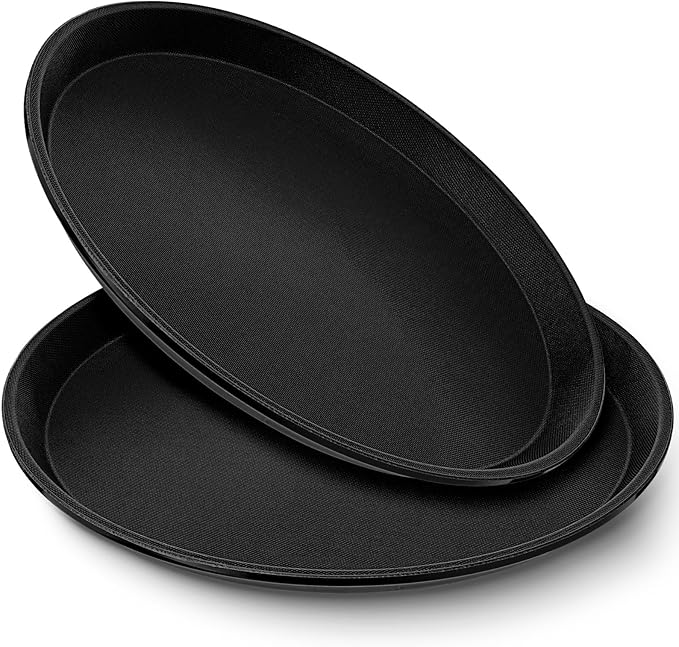 Zopeal 2 Pcs Bar Service Tray Round Plastic Non Slip,11" | For Waiter Server in Restaurant Cafeteria Bar, Raised Edges Prevent Spills, Cocktail Food Server, Textured Surface Grip