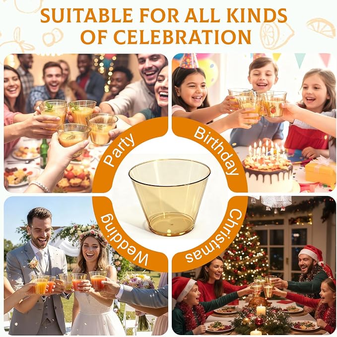 Glowserve 9 OZ Gold Disposable Plastic Cups Cocktail Cup 50 Pack | Fancy Cocktail Cup,Stemless Wine Glass,Wedding Wine Glasses,Graduation Birthday,World Cup,Party Essentials