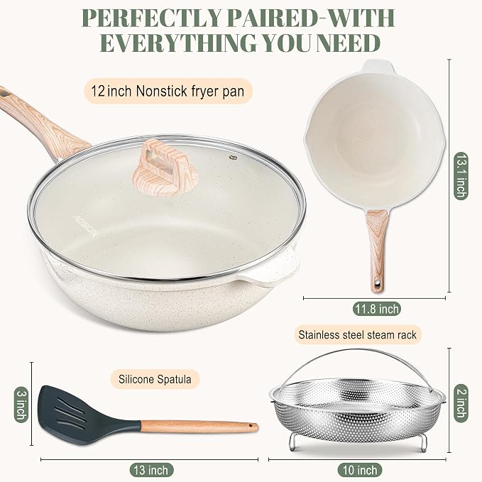 AOSION 12 Inch Nonstick Ceramic Deep Frying Pan with Lid & Steam Rack, 5.5QT Sauté Pan, Large Ceramic Skillet,Stay Cool Handle, Induction Compatible, PFOA & PFAS Free,white.