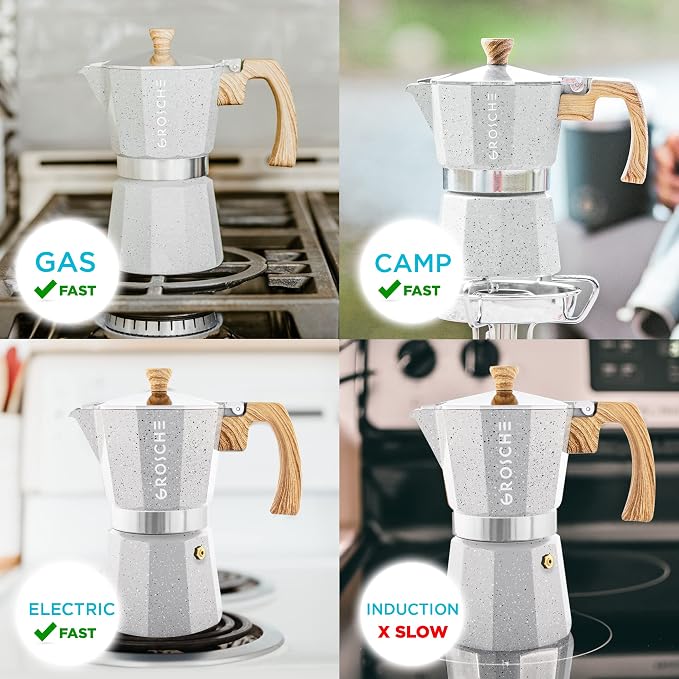 GROSCHE Milano Stovetop Espresso Maker Moka Pot 6 espresso Cup, 9.3 oz Grey | Cuban Coffee Maker And Italian Moka Pot For Stovetop Espresso; For Gas, Electric, And Propane Stoves With A Soft-Touch Handle