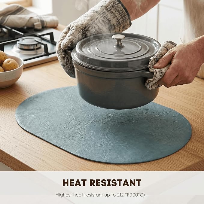 Artoid Mode Blue Faux Leather Oval Placemats Set of 6, 12 x 18 Inch Waterproof Wipeable Heat Resistant Vinyl Place Mats, Reversible Table Mats for Kitchen Dining Decor