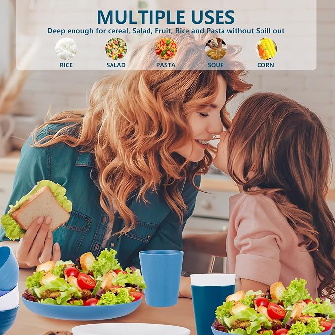 Rubtlamp 16pcs Wheat Straw Dinnerware Set, Unbreakable Plates And Bowls Sets of 4, Plastic Plates Set Reusable (Cold Four Colors) for Camping