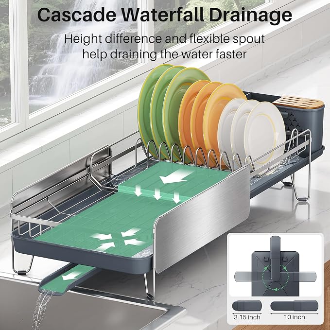 Stainless Steel Dish Drying Rack for Kitchen Counter, Expandable, Silver | Stainless Steel Dish Drainer, Adjustable Length 18.9''-29.3'', Automatic Drainage, 360° Spout, Cutlery Holder with Knife Slot