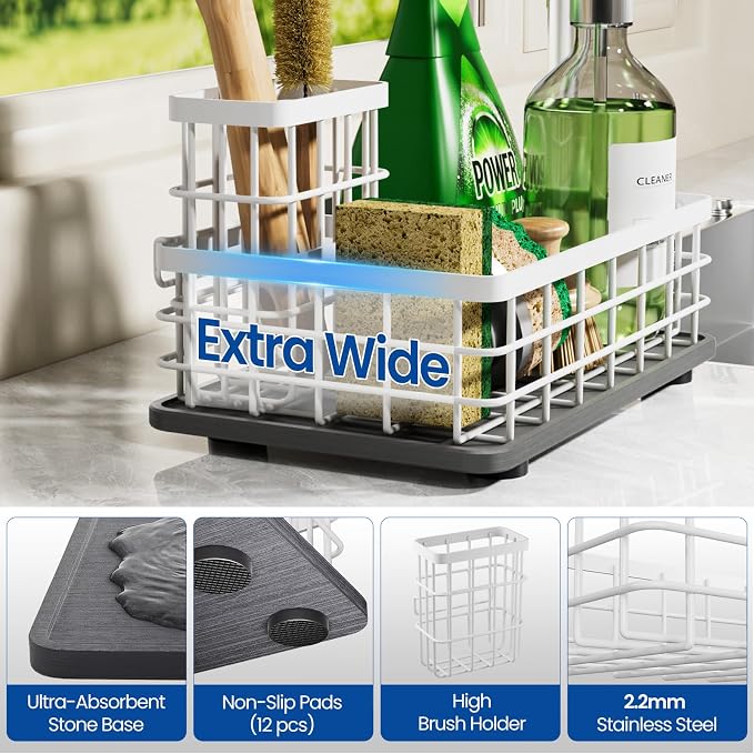 Kitchen Sink Caddy Organizer with Sponge & Brush Holder, Stone Drying Mat | Extra-Large Kitchen Countertop Organizer, Stainless Steel Kitchen Sink Accessories with Quick-Dry Soap Tray for Fewer Stains